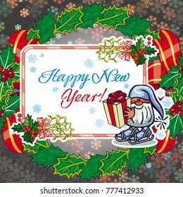 Square holiday card with funny gnomes and greeting text "Happy New Year!" Vector clip art.