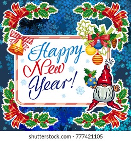 Square holiday card with funny gnomes and greeting text "Happy New Year!" Vector clip art.