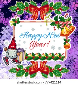 Square holiday card with funny gnomes and greeting text "Happy New Year!" Vector clip art.