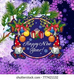 Square holiday card with funny gnomes and greeting text "Happy New Year!" Vector clip art.