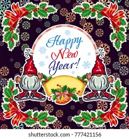 Square holiday card with funny gnomes and greeting text "Happy New Year!" Vector clip art.