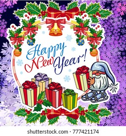 Square holiday card with funny gnomes and greeting text "Happy New Year!" Vector clip art.