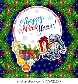 Square holiday card with funny gnomes and greeting text "Happy New Year!" Vector clip art.