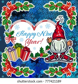 Square holiday card with funny gnomes and greeting text "Happy New Year!" Vector clip art.