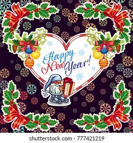 Square holiday card with funny gnomes and greeting text "Happy New Year!" Vector clip art.
