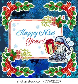 Square holiday card with funny gnomes and greeting text "Happy New Year!" Vector clip art.
