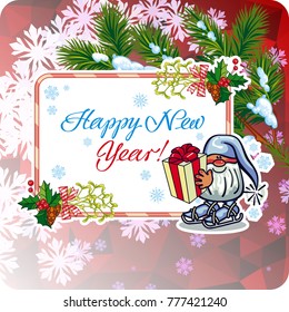 Square holiday card with funny gnomes and greeting text "Happy New Year!" Vector clip art.