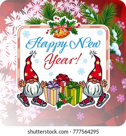 Square holiday card with funny gnomes and greeting text "Happy New Year!" Vector clip art.