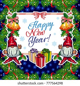 Square holiday card with funny gnomes and greeting text "Happy New Year!" Vector clip art.