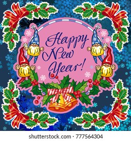 Square holiday card with funny gnomes and greeting text "Happy New Year!" Vector clip art.