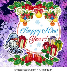 Square holiday card with funny gnomes and greeting text "Happy New Year!" Vector clip art.