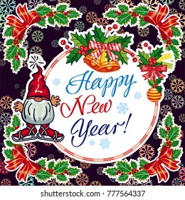 Square holiday card with funny gnomes and greeting text "Happy New Year!" Vector clip art.