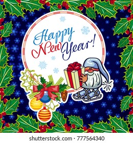 Square holiday card with funny gnomes and greeting text "Happy New Year!" Vector clip art.