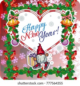 Square holiday card with funny gnomes and greeting text "Happy New Year!" Vector clip art.