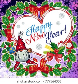 Square holiday card with funny gnomes and greeting text "Happy New Year!" Vector clip art.