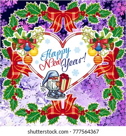 Square holiday card with funny gnomes and greeting text "Happy New Year!" Vector clip art.