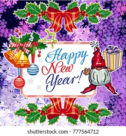 Square holiday card with funny gnomes and greeting text "Happy New Year!" Vector clip art.