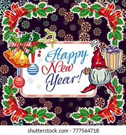 Square holiday card with funny gnomes and greeting text "Happy New Year!" Vector clip art.