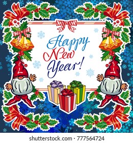 Square holiday card with funny gnomes and greeting text "Happy New Year!" Vector clip art.