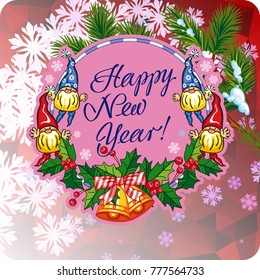 Square holiday card with funny gnomes and greeting text "Happy New Year!" Vector clip art.