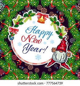 Square holiday card with funny gnomes and greeting text "Happy New Year!" Vector clip art.
