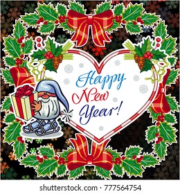 Square holiday card with funny gnomes and greeting text "Happy New Year!" Vector clip art.