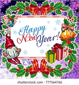 Square holiday card with funny gnomes and greeting text "Happy New Year!" Vector clip art.