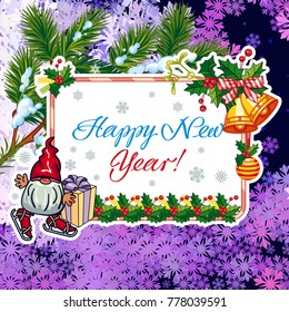 Square holiday card with funny gnomes and greeting text "Happy New Year!" Vector clip art.