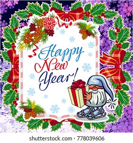 Square holiday card with funny gnomes and greeting text "Happy New Year!" Vector clip art.
