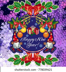 Square holiday card with funny gnomes and greeting text "Happy New Year!" Vector clip art.