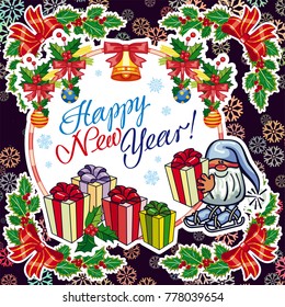 Square holiday card with funny gnomes and greeting text "Happy New Year!" Vector clip art.