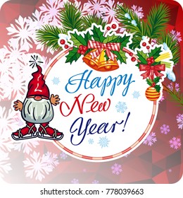 Square holiday card with funny gnomes and greeting text "Happy New Year!" Vector clip art.