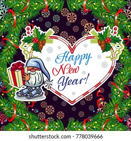 Square holiday card with funny gnomes and greeting text "Happy New Year!" Vector clip art.