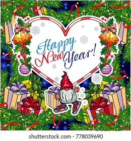 Square holiday card with funny gnomes and greeting text "Happy New Year!" Vector clip art.