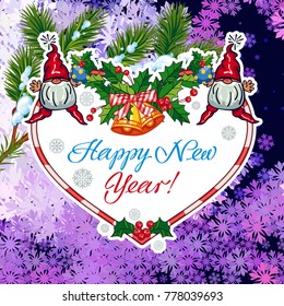 Square holiday card with funny gnomes and greeting text "Happy New Year!" Vector clip art.