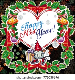 Square holiday card with funny gnomes and greeting text "Happy New Year!" Vector clip art.