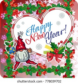 Square holiday card with funny gnomes and greeting text "Happy New Year!" Vector clip art.