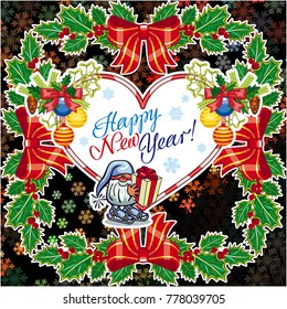 Square holiday card with funny gnomes and greeting text "Happy New Year!" Vector clip art.