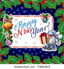 Square holiday card with funny gnomes and greeting text "Happy New Year!" Vector clip art.
