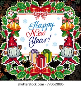 Square holiday card with funny gnomes and greeting text "Happy New Year!" Vector clip art.