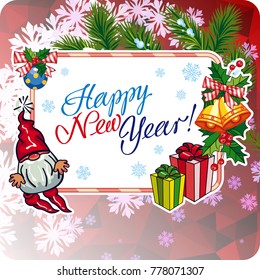 Square holiday card with funny gnomes and greeting text "Happy New Year!" Vector clip art.