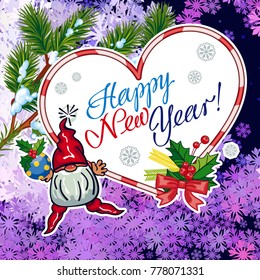 Square holiday card with funny gnomes and greeting text "Happy New Year!" Vector clip art.