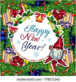 Square holiday card with funny gnomes and greeting text "Happy New Year!" Vector clip art.