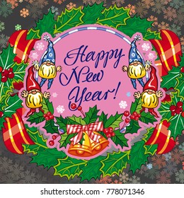 Square holiday card with funny gnomes and greeting text "Happy New Year!" Vector clip art.