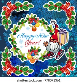 Square holiday card with funny gnomes and greeting text "Happy New Year!" Vector clip art.