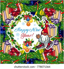 Square holiday card with funny gnomes and greeting text "Happy New Year!" Vector clip art.