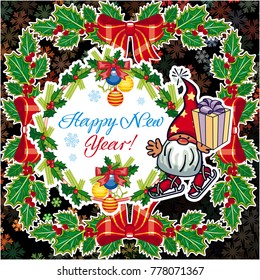 Square holiday card with funny gnomes and greeting text "Happy New Year!" Vector clip art.