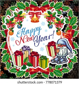 Square holiday card with funny gnomes and greeting text "Happy New Year!" Vector clip art.