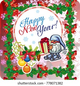 Square holiday card with funny gnomes and greeting text "Happy New Year!" Vector clip art.