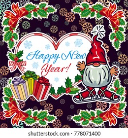 Square holiday card with funny gnomes and greeting text "Happy New Year!" Vector clip art.